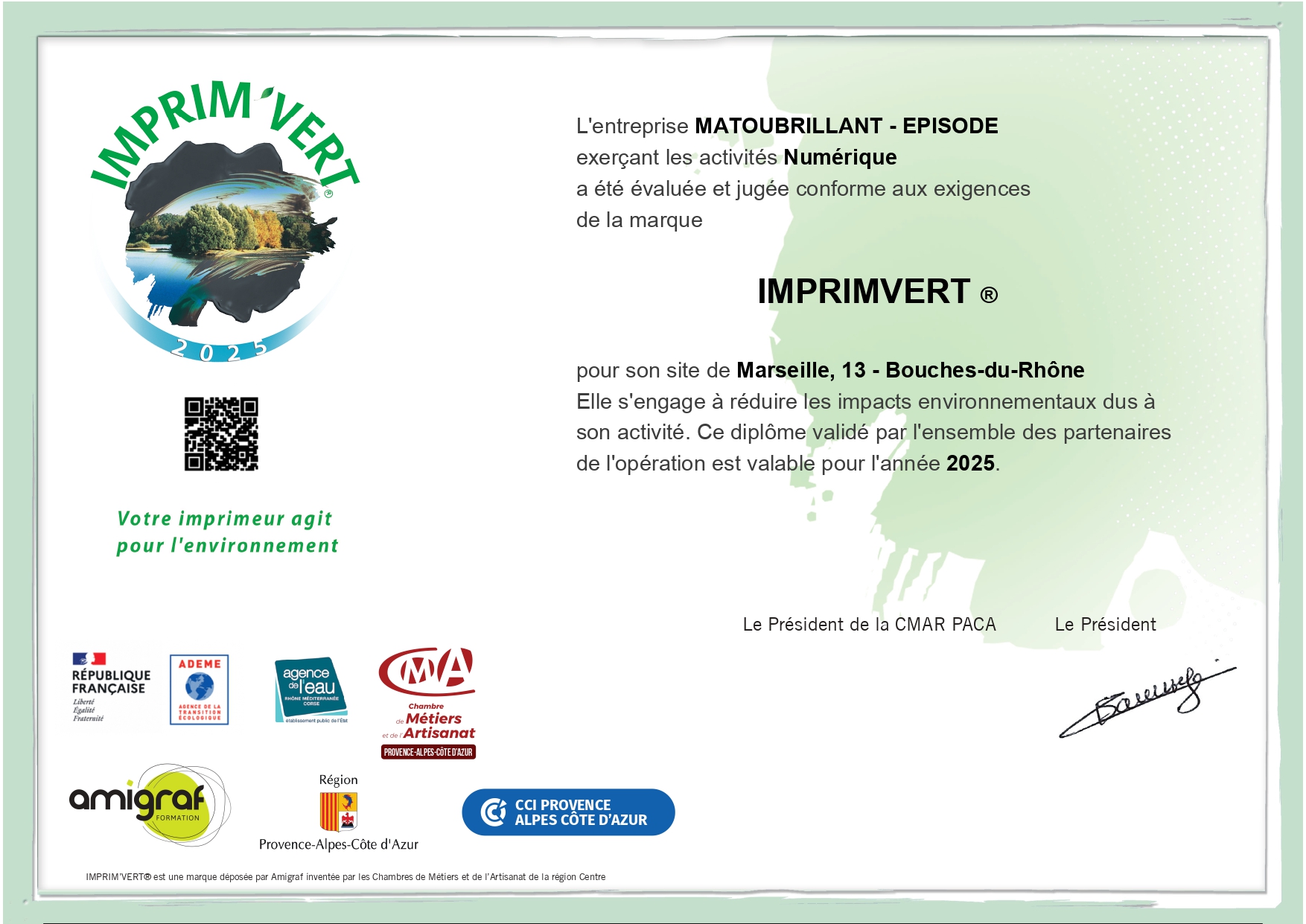 Diplôme Matoubrillant Imprim'Vert 2025